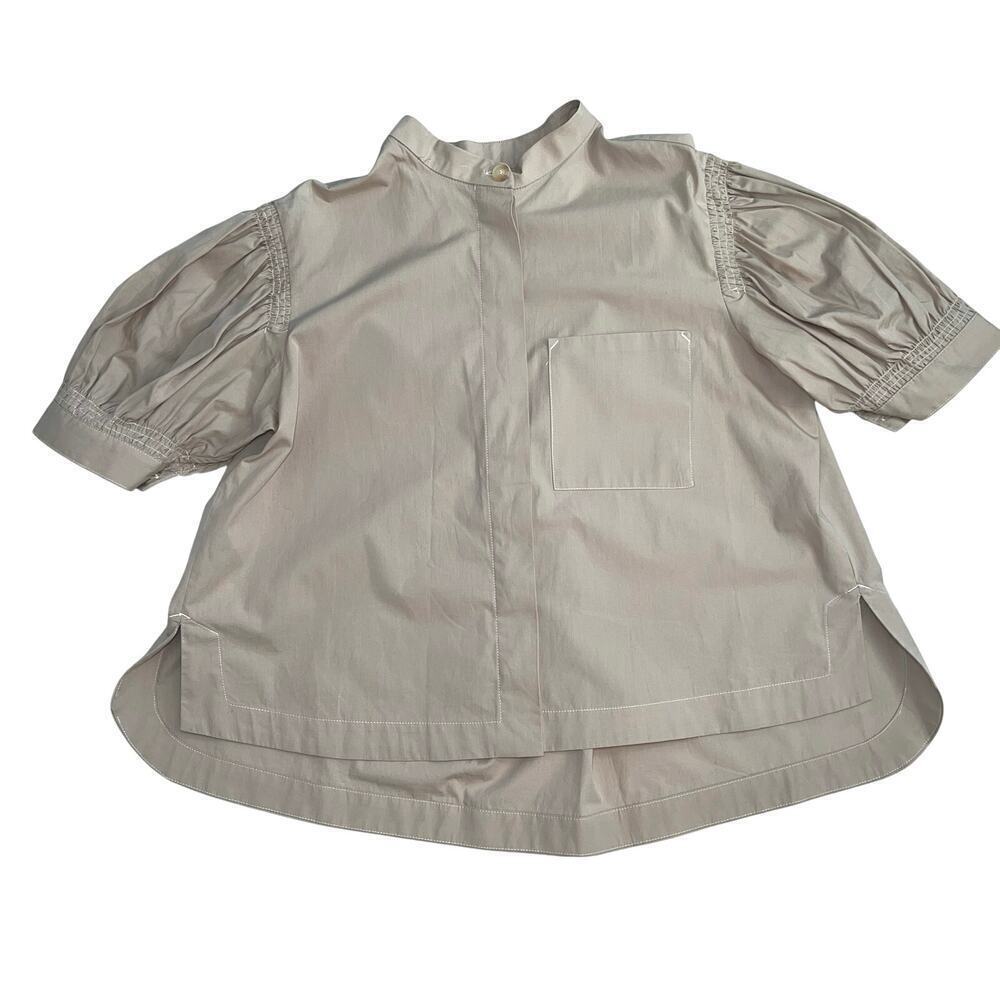 MNG Mango Puff Sleeve Button Up Blouse Top Neutral Tan Organic Cotton Size 4